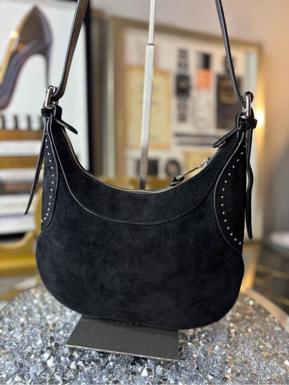 Rebecca Minkoff Small Pippa Studded Crossbody Bag in black suede NWT - Picture 4 of 15